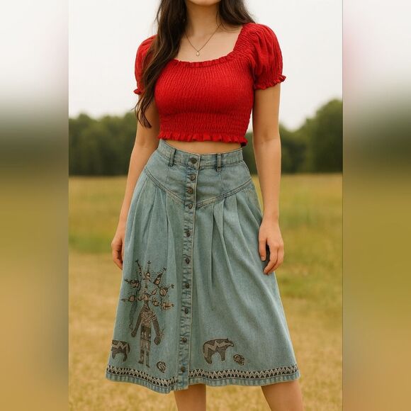 VTG Sundance Wilcher Puff Paint Women's M Turquoise Denim Skirt Acid Wash Pocket - Picture 1 of 9